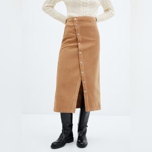 BRAND NEW Mango Corduroy Buttoned Asymmetrical Midi Skirt Medium Brown Caramel